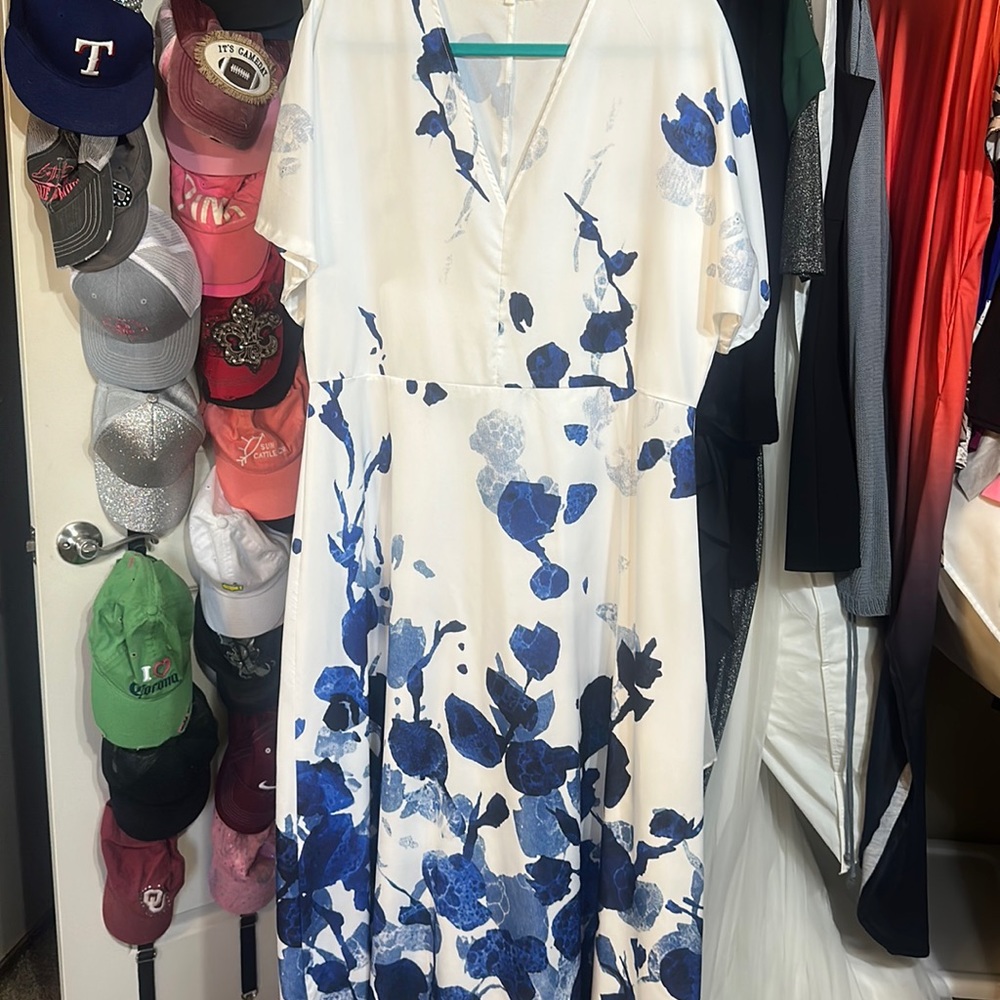 Satin white and blue floral dress